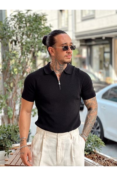 manch collection Zippered Collar Double Color Knitwear Polo Collar Black