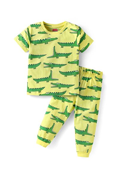 Babyhug Cotton Half Sleeves Night Suit with All Over Crocodile Print - Limegreen