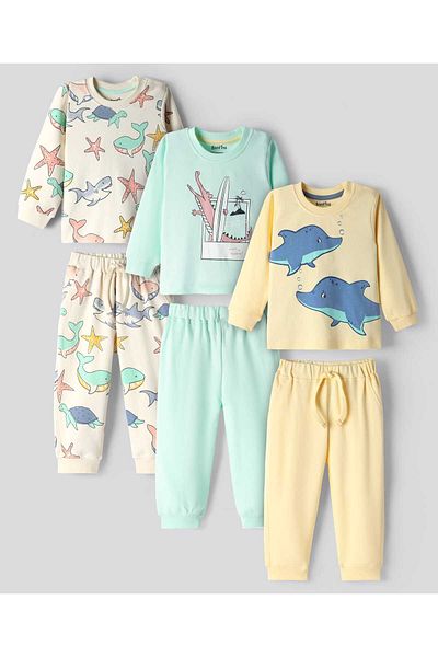 Bonfino 100% Cotton Knit Full Sleeves Night Suits Sea Life Print (Pack Of 3)-Light Blue and Yellow
