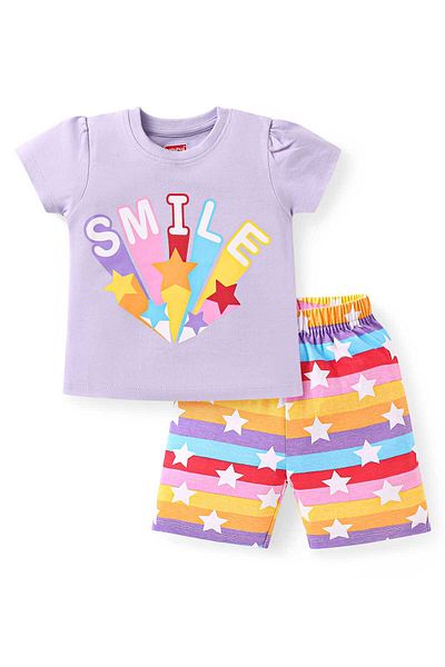 Babyhug Capri Night Suit with Smile Text Print - Lilac