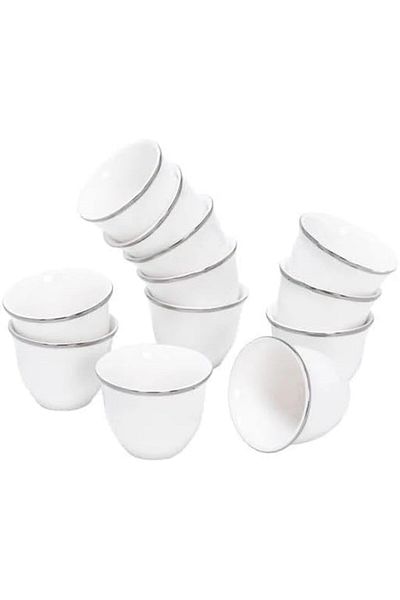 cc bin shihon 12pcs Arabic Coffee Cups Set Premium White Porcelain with Silver and Gold Rim 6.5cm Height