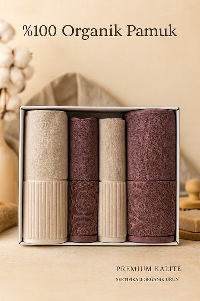 Evimcim Sevgi Turkish Bath Set Beige Plum 4 Piece Luxury 100 Cotton Bath and Hand Towel Set