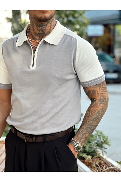 manch collection Double Color Knitwear Polo Collar Gray with Zipper Collar