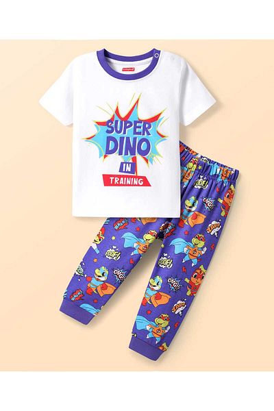 Babyhug Night Suit with Dino & Text Print - White & Blue