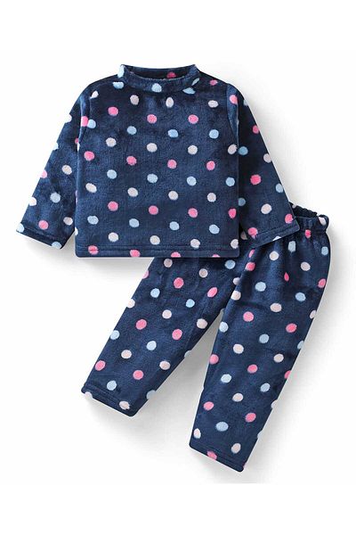 Babyhug Velour Polka Dots Printed Winter Pajama Set - Navy Blue