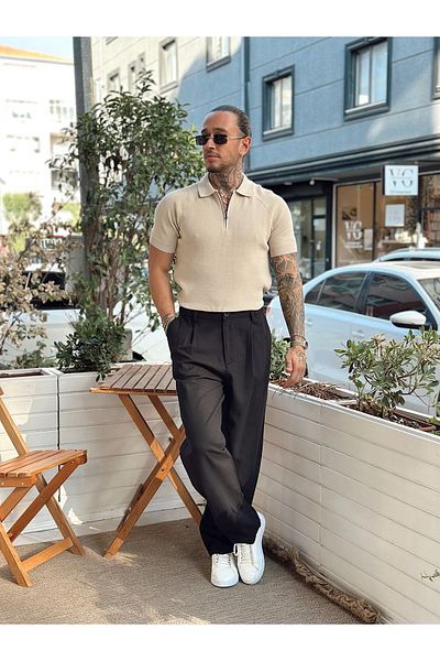 manch collection Tricotaj dublu culoare cu fermoar la guler Cremă guler polo