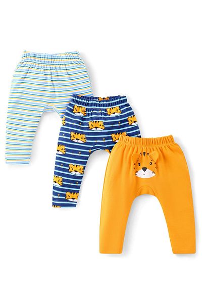 Babyhug Interlock Cotton Knit Full Length Striped Diaper Leggings Tiger Pack of 3-Blue and Yellow