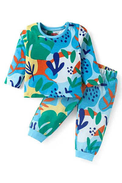 Babyhug Cotton Pajama Set with Leaves Prints - Multicolor