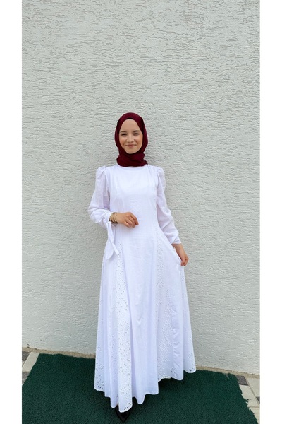 BURKAY Κομψό λευκό μακρύ φόρεμα με δαντέλα