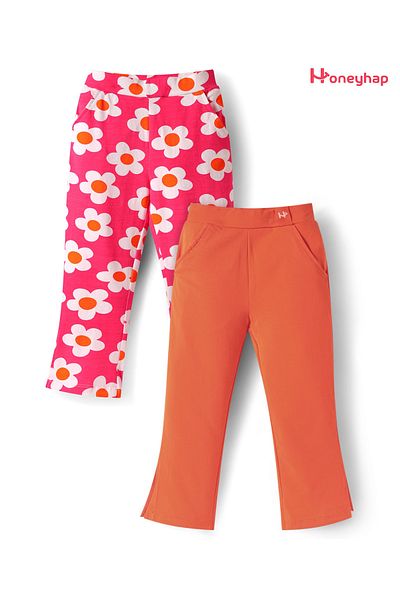 Honeyhap Premium Cotton Elastane Knit Leggings With Floral Print Pack of 2 - Coral Rose & Raspberry