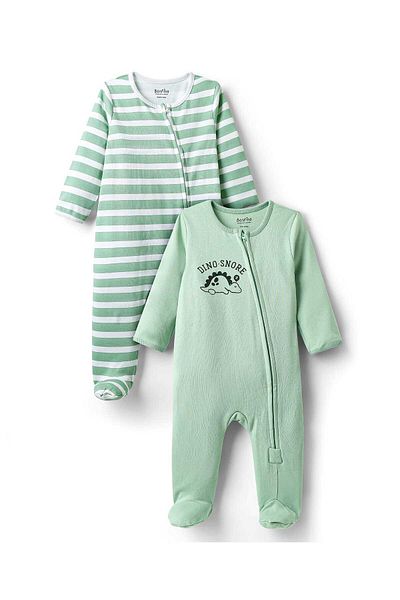 Bonfino 100% Cotton Printed Sleepsuits (Pack of 2) - Off White, Green