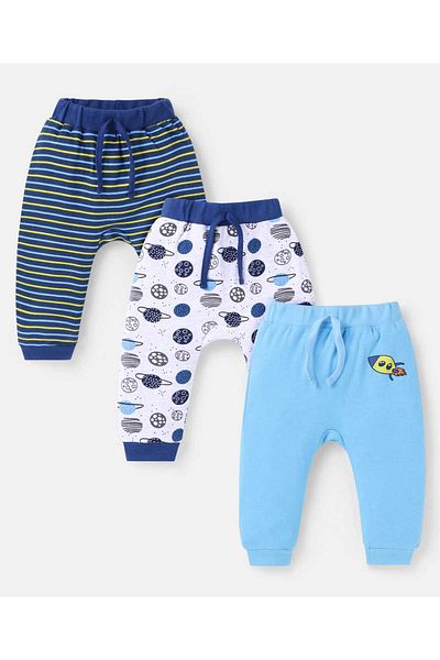 Babyhug Cotton Knit Full Length Diaper Leggings and Space Theme Pack Of 3-Navy White and Light Blue