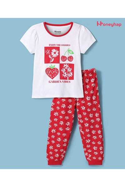 Honeyhap Night Suit with Floral Print - Bright White & High Risk Red