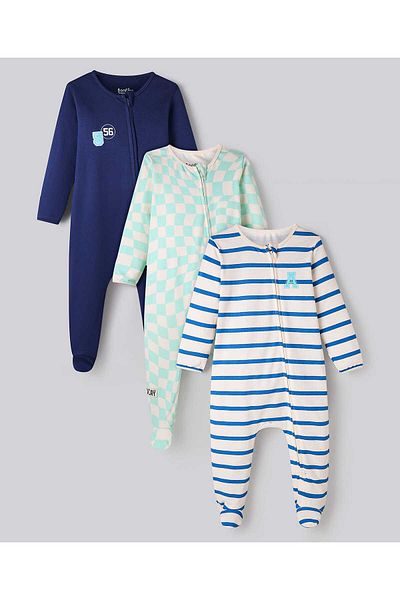 Bonfino 100% Cotton Full Sleeve Printed Sleepsuits (Pack of 3) - Multicolor