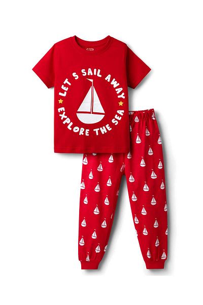 Babyhug Cotton Lets Sail Away Half Sleeves Night Suit with Nautical Theme Print - Red