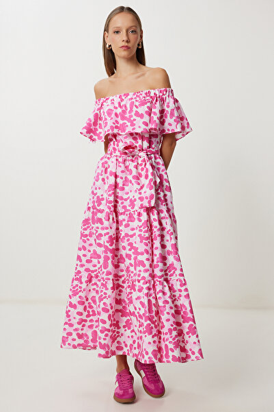 Lovelyİstanbul Φόρεμα με μοτίβο Carmen γιακά LFG0105 ΡΟΖ ΛΕΥΚΟ