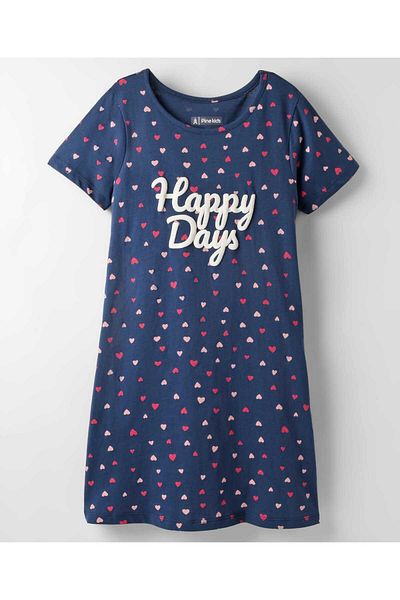 Pine kids Pine Kids Single Jersey Knit Half Sleeves Nighty with Hearts & Text Puff Print - Navy Blue