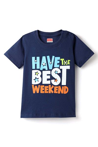 Babyhug Cotton Knit Half Sleeves Night Suit With Text & Star Print - Navy Blue