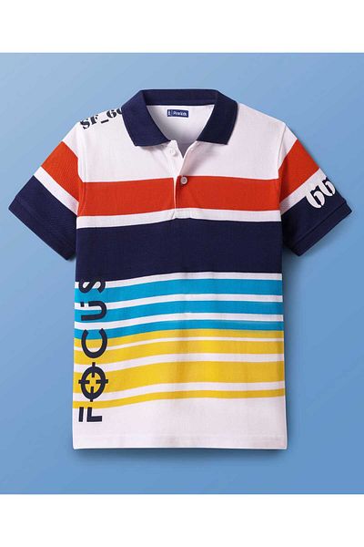 Pine kids Pine Kids Cotton Knit Half Sleeves Polo T-Shirt with Stripes & Focus Graphic - Multicolor