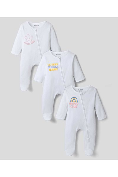 Bonfino Text and Rainbow Print Sleepsuits (Pack Of 3) - White