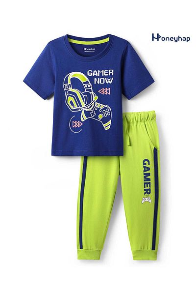 Honeyhap Premium Cotton Knit Half Sleeve Night Suit Gaming and Tape -Limoges and Tender Shoots