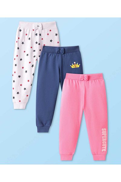 Babyhug Single Jersey Knit Full Length Stars and Lounge Pants Pack of 3-White and Navy Blue and Pink