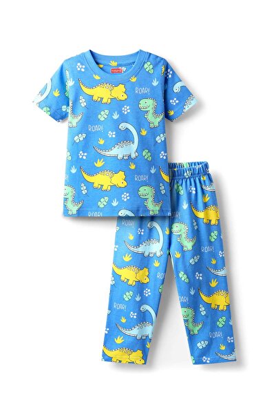 Babyhug بدلة نوم نصف كم من القطن المحبوك بطبعة ديناصور - أزرق