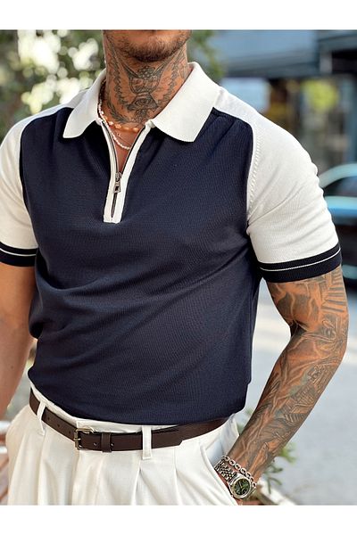 manch collection Double Color Knitwear Polo Collar Navy Blue with Zipper Collar