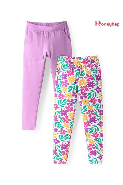 Honeyhap Premium Single Jersey Knit Bio Finish Leggings with Floral Print, Pack of 2-Violet & White