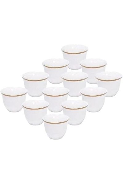 cc bin shihon 12pcs Arabic Coffee Cups Set Premium White Porcelain with Gold and Silver Rim 6.5cm Height