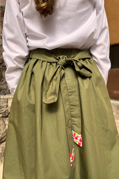 Masnu Çocuk Girl's Poplin Khaki Green Red Floral Gathered Long Skirt with Belt