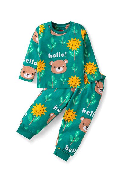 Babyhug طقم بيجامة قطنية بطبعة دب وزهور - أخضر