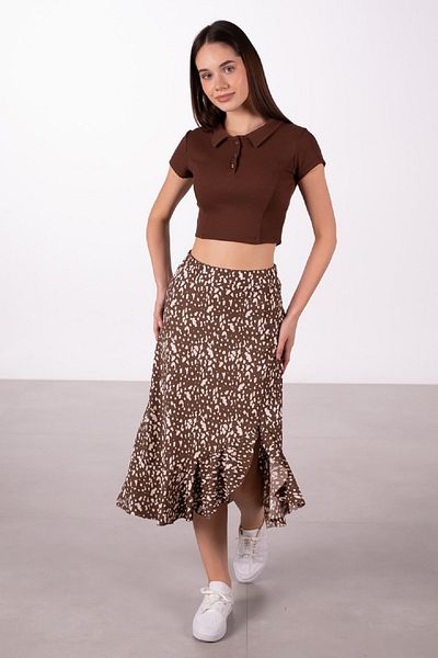 OIL PARK Patterned Midi Skirt with Elastic Waist and Ruffles at the Hem