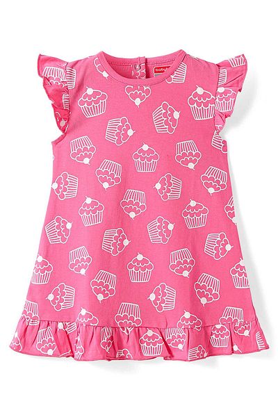 Babyhug Cotton Knit Frill Sleeves Nighty with Cup Cake Print - Dark Pink