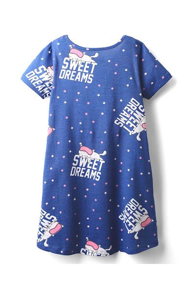 Pine kids Pine Kids Single Jersey Knit Half Sleeves Nighty with Sweet Dreams Text Print - Limoges Blue