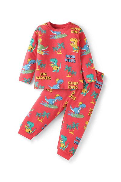 Babyhug Pyjama Set with Dino Print - Red