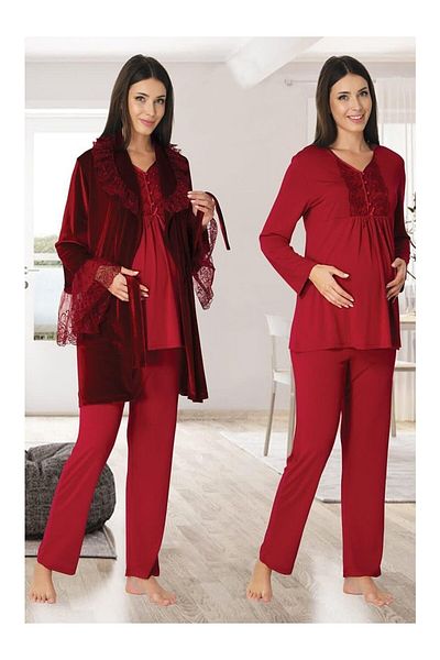 Lohussa Velvet Fuchsia Lace Special Design Winter Maternity Maternity Dressing Gown Pajama Set
