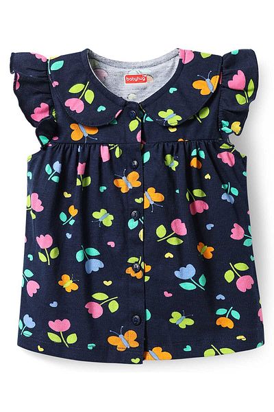 Babyhug Cotton Frill Sleeves Night Suit With All Over Floral & Butterfly Print - Navy Blue
