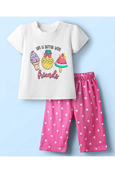Babyhug Cotton Half Sleeves Capri Night Suit With Fruit & Star Print - White & Pink