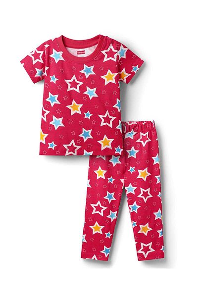 Babyhug Cotton Knit Half Sleeves T-Shirt and Pajama Set With Stars Print - Red