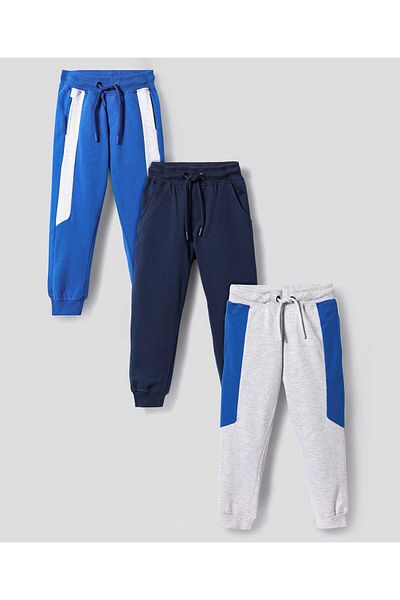 Primo Gino 100% Cotton Block Terry Solid Track Pant Pack of 3-Grey Melange/Navy Blue/Royal Blue