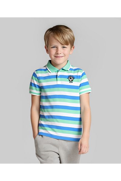 Pine kids تي شيرت بولو مخطط بأكمام نصفية من القطن المحبوك للأطفال من باين - أخضر بحري وأزرق فاتح