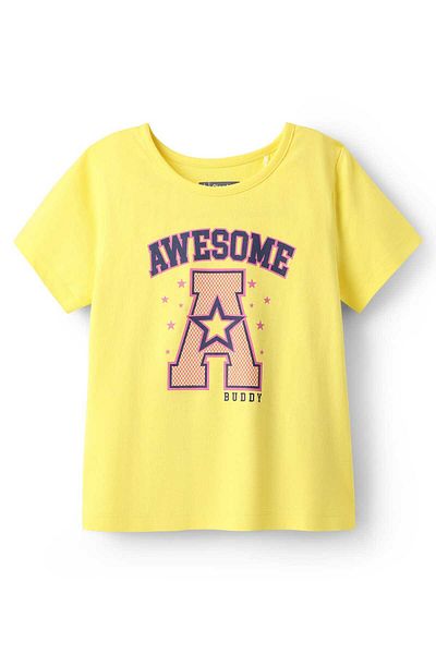 Pine kids Cotton Knit Half Sleeves Capri Night Suit With Awesome & Star Print - Light Yellow & Pink