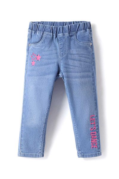 Babyhug Denim Jeggings with Stretch & Text Embroidery - Light Blue