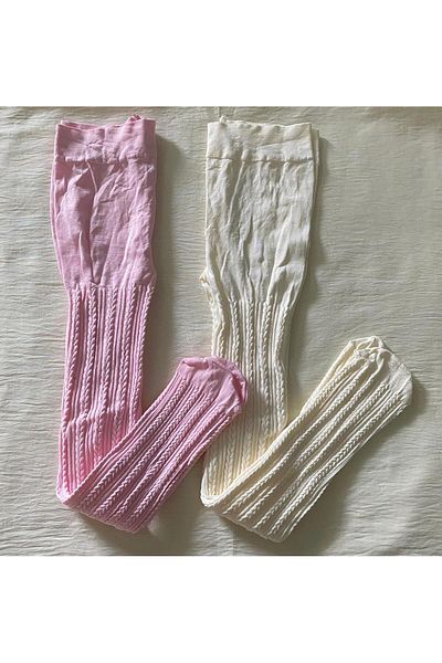 DÜVEN 2-Piece Girls Patterned Pantyhose (80 Den Medium Thick Seasonal Pantyhose) Pink & Vanilla