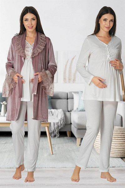 Lohussa Σετ πιτζάμες με βελούδινο Dusty Rose Ruched Special Design Winter Maternity Maternity Dressing Gown