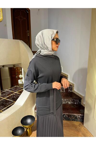 MissWhence Pilise Detaylı Triko Elbise Gri 36813