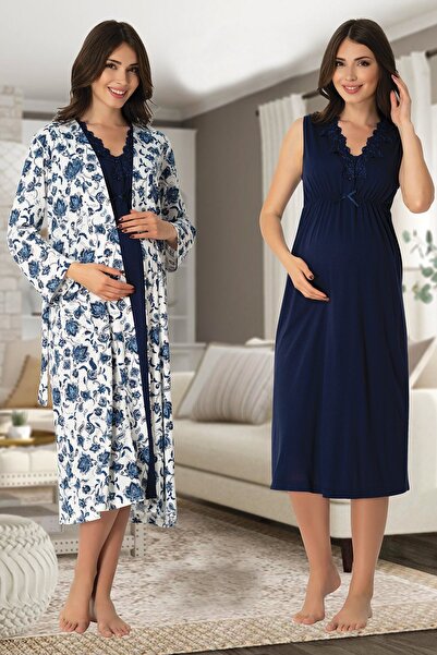 Lohussa Women's Navy Blue Wide Strap Relaxed Cut Patterned Maternity Maternity Dressing Gown Nightgown Set