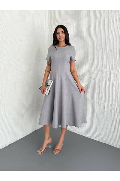BYKUZEYARAS Summer Short Sleeve Linen Casual Midi Length Basic Dress Suitable for Daily Use