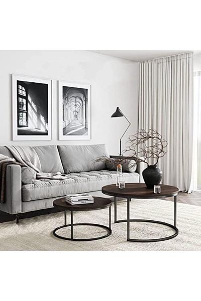 SKY TOUCH SKY-TOUCH Set of 2 Round Coffee Tables Living Room｜End Table｜Stacking Side Tables with Solid Woo